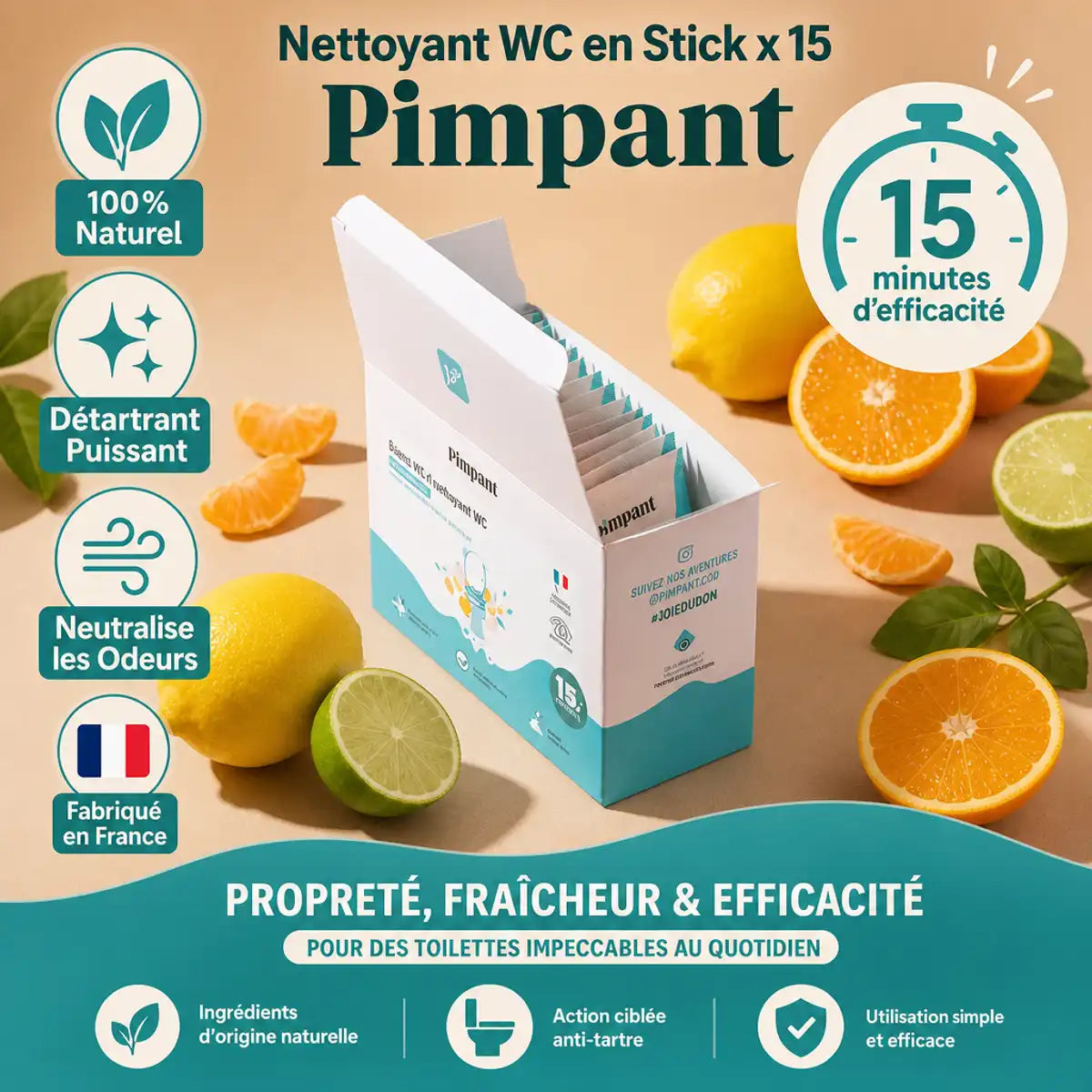 Nettoyant WC Pimpant x15 stick naturel avec agrumes, détartrant puissant fabriqué France