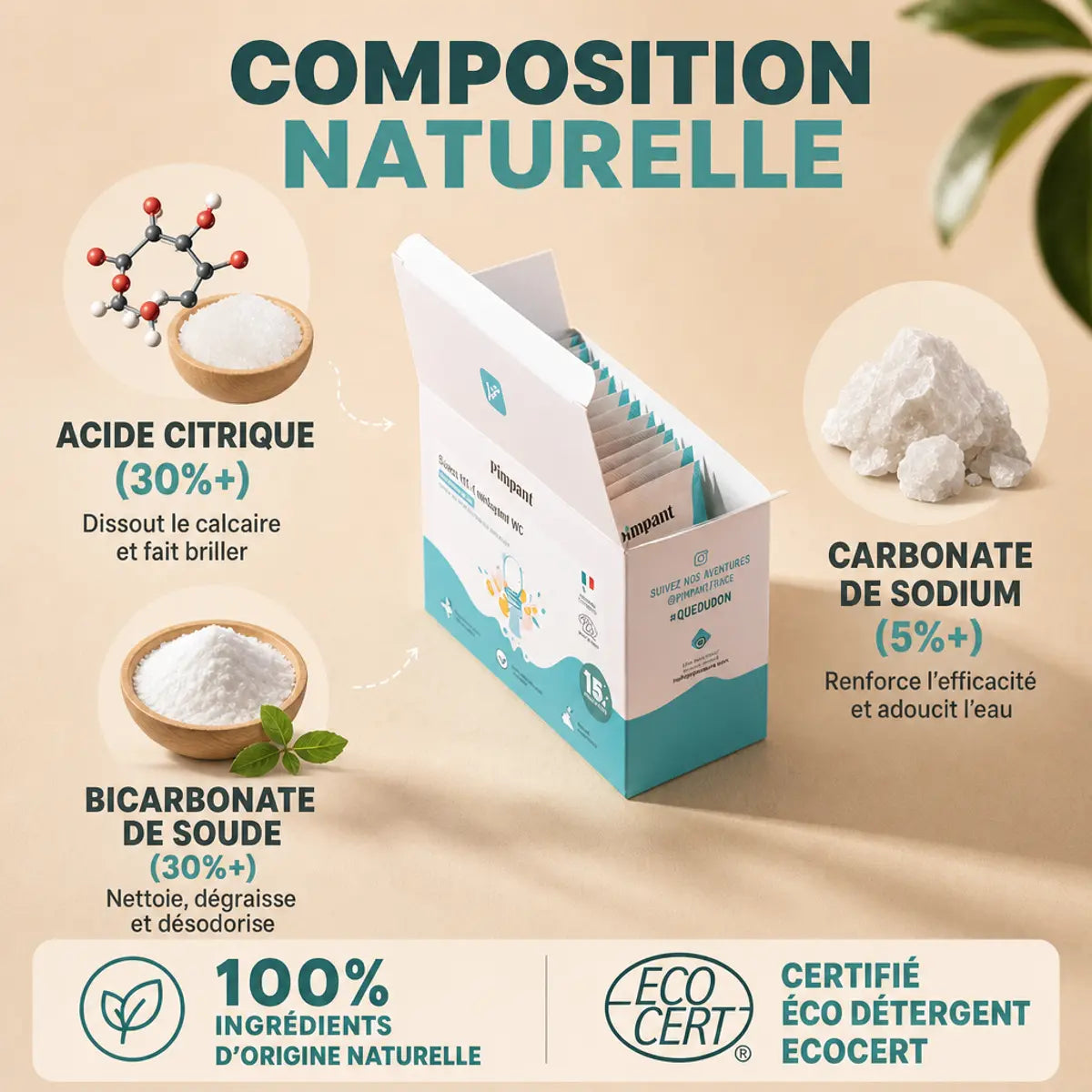 Nettoyant WC Pimpant en stick x15 avec composition naturelle et ingrédients certifiés éco