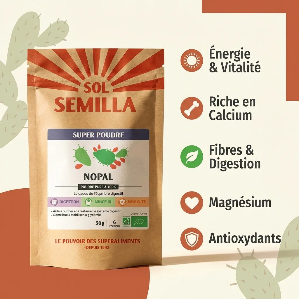 Nopal Bio 50g Sol Semilla - Poudre de cactus avec infographie des bénéfices santé