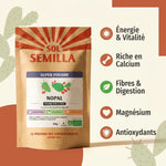 Nopal Bio 50g Sol Semilla - Poudre de cactus avec infographie des bénéfices santé