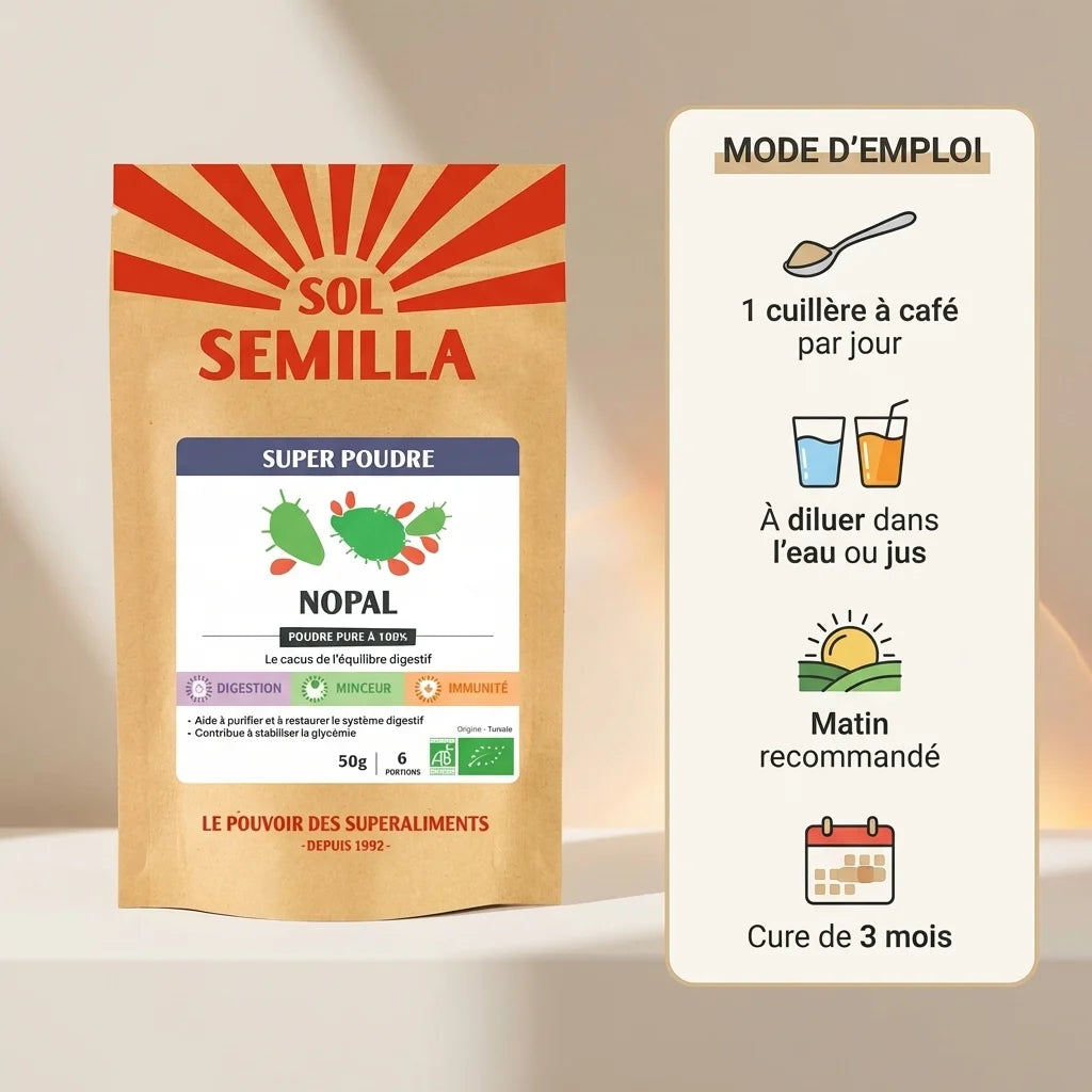 Nopal bio poudre Sol Semilla 50g avec mode d'emploi dosage cuillère à café dilution eau