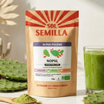 Nopal bio en poudre Sol Semilla 50g avec feuilles fraîches et verre de smoothie vert