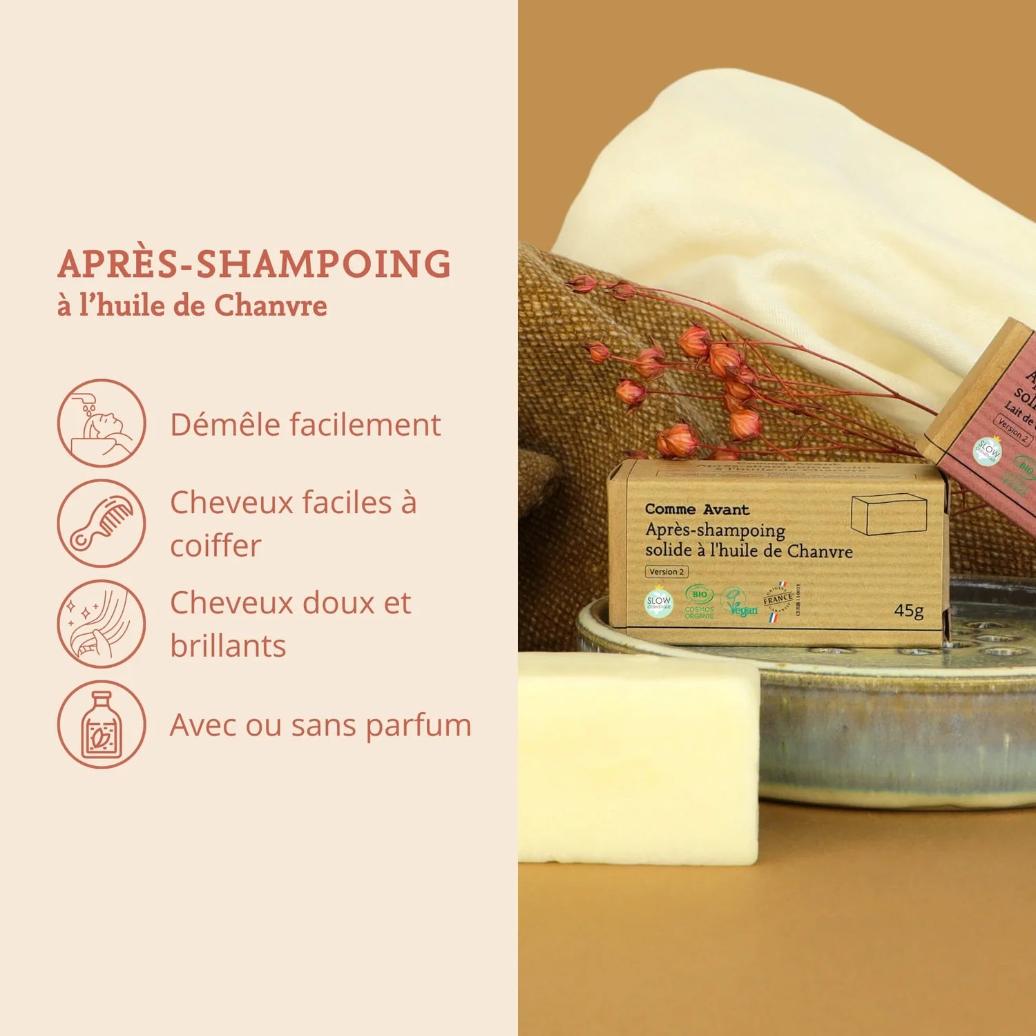 les bienfaits pour les cheveux de l'après Shampoing Solide à l'huile de Chanvre de Comme avant