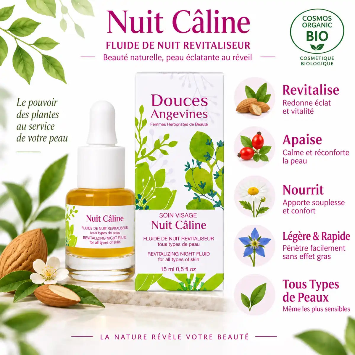 Nuit Câline soin visage bio Douces Angevines avec ses 5 bénéfices : revitalise, apaise, nourrit, léger et rapide