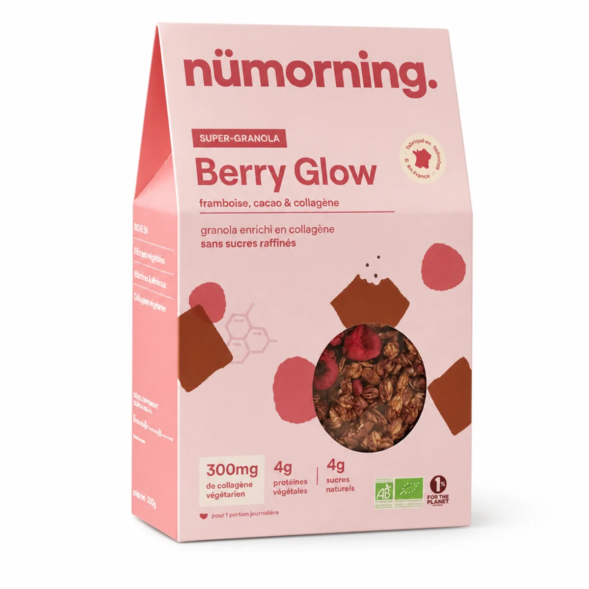 nüMorning Granola Berry Glow bio choco/framboise 300g avec collagène sur fond blanc