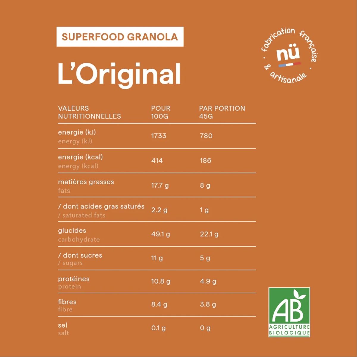 Valeurs nutritionnelles du granola original.