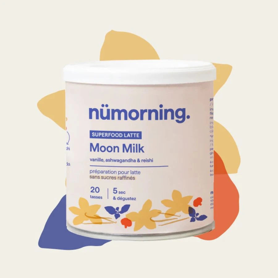Un pot de Moon Milk de la marque nümorning avec des couleurs