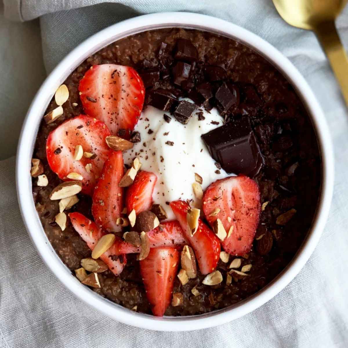 Un bol de porridge choco coco avec des fraises et du fromage blanc.