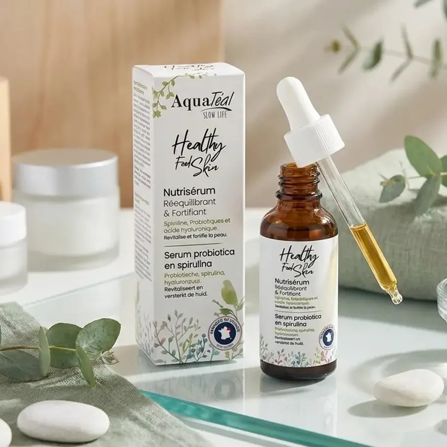 Nutriserum Probiotiques et Spiruline Aquatéal flacon compte-gouttes en verre ambré, soin naturel wellness luxe