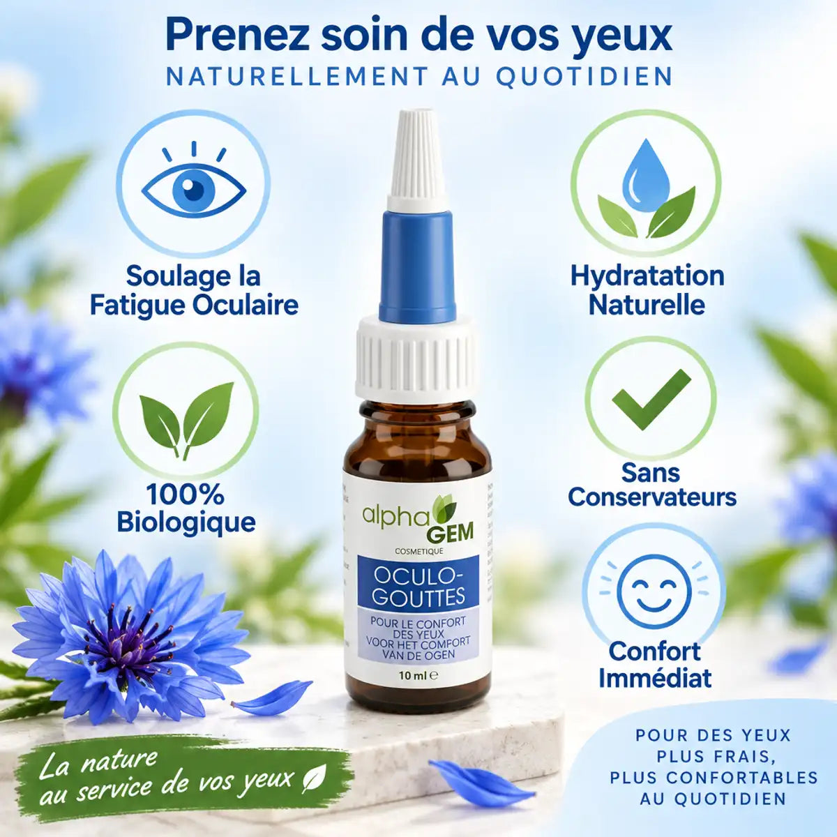 Oculo Gouttes 10ml Alphagem - Flacon verre brun avec icônes bénéfices soulagement fatigue oculaire hydratation naturelle