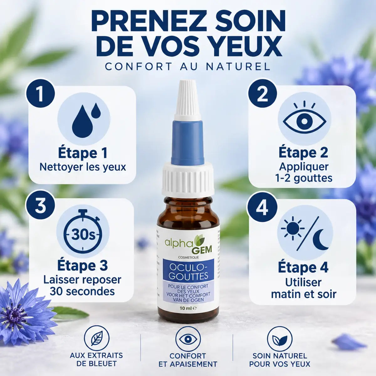 Alphagem Oculo Gouttes 10ml - Flacon avec mode d'emploi et étapes d'application pour les yeux