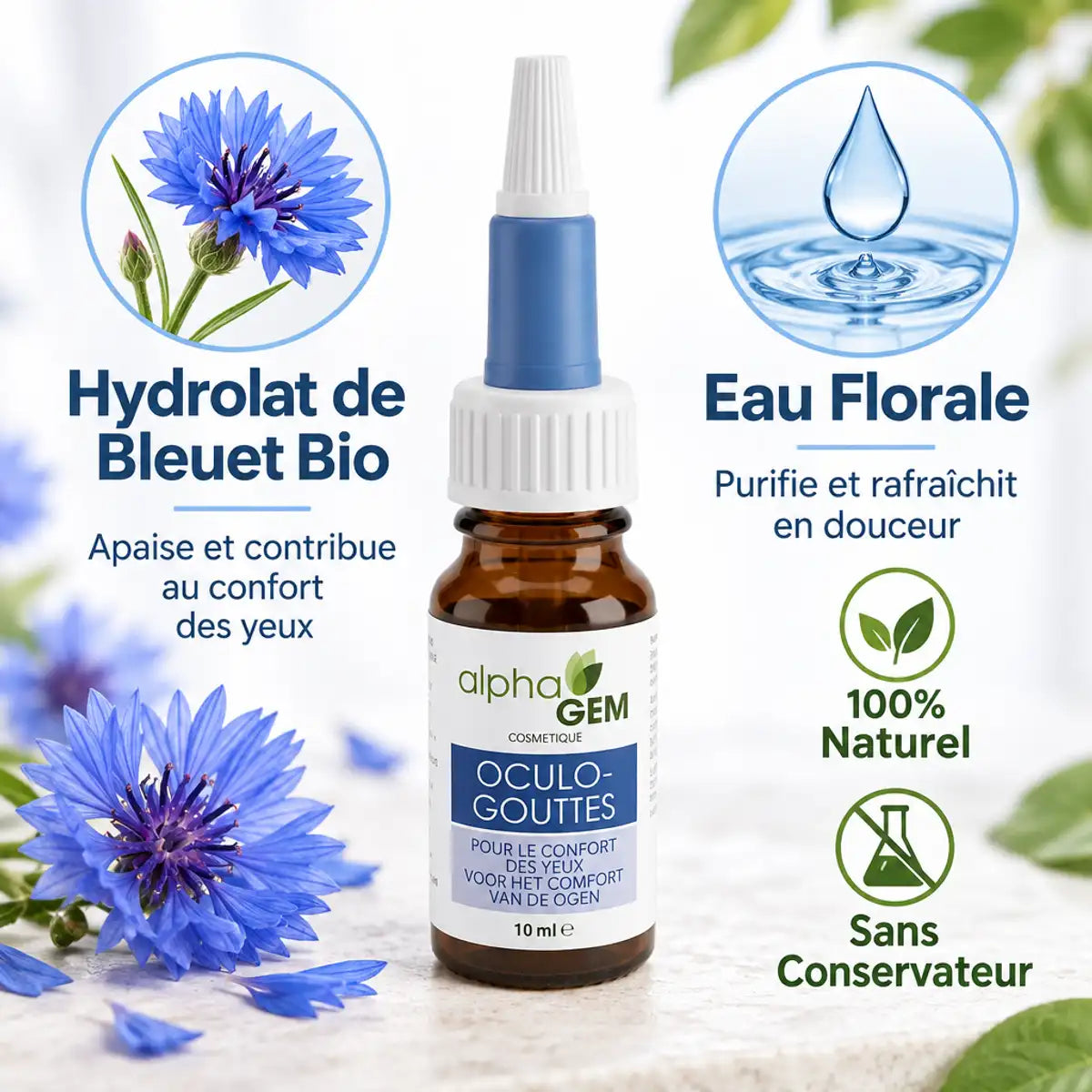 Oculo Gouttes Alphagem 10ml flacon verre bio hydrolat bleuet naturel sans conservateur