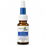 Flacon Oculo Gouttes Alphagem 10 ml en verre ambré avec compte-gouttes, sur fond blanc, étiquette bleue et logo alphaGEM