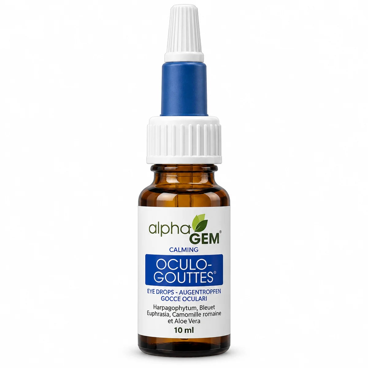 Flacon Oculo Gouttes Alphagem 10 ml en verre ambré avec compte-gouttes, sur fond blanc, étiquette bleue et logo alphaGEM