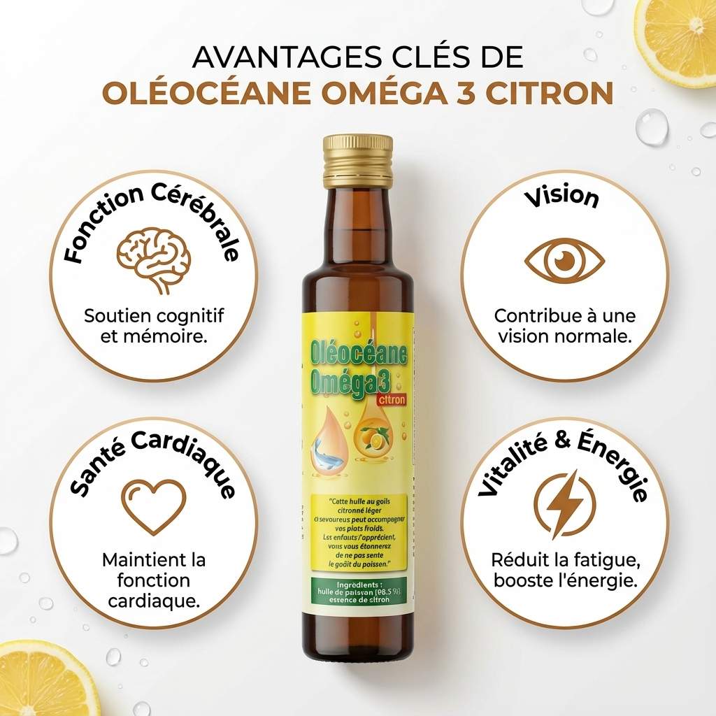 Oléocéane Oméga 3 Citron 250ml avec bénéfices santé cérébrale vision cardiaque vitalité