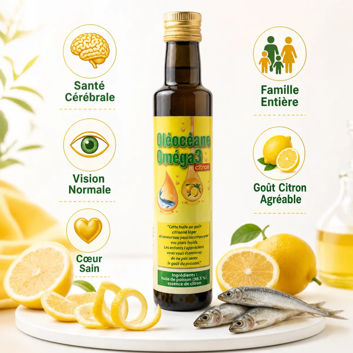 Oléocéane Oméga 3 Citron 250ml avec infographies bénéfices santé cérébrale, vision et cœur