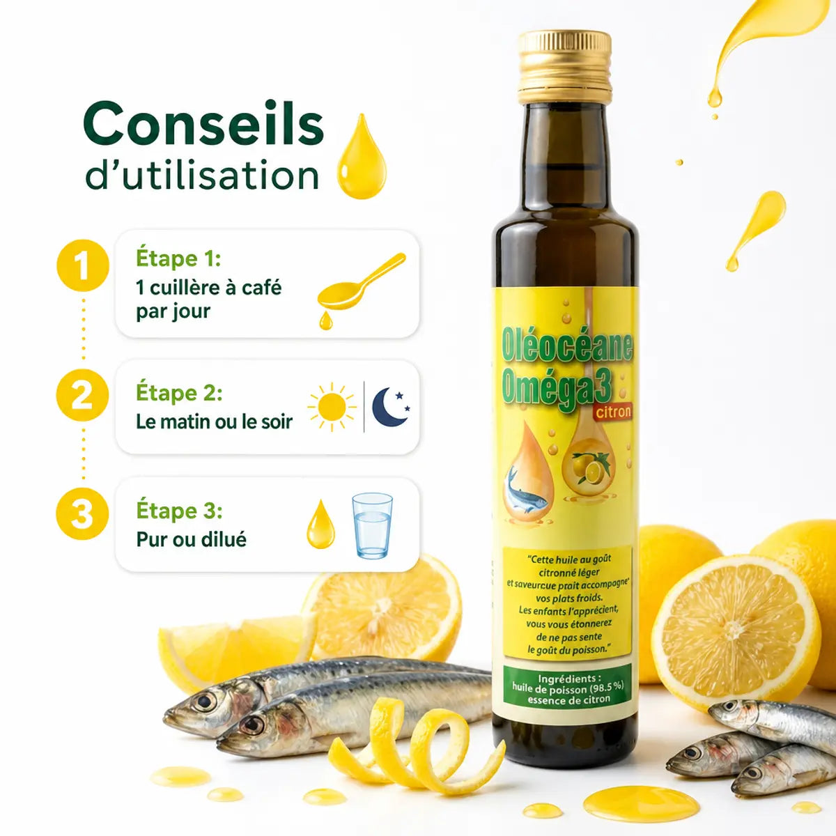 Oléocéane Oméga 3 Citron 250ml avec guide d'utilisation : 1 cuillère à café par jour, pur ou dilué