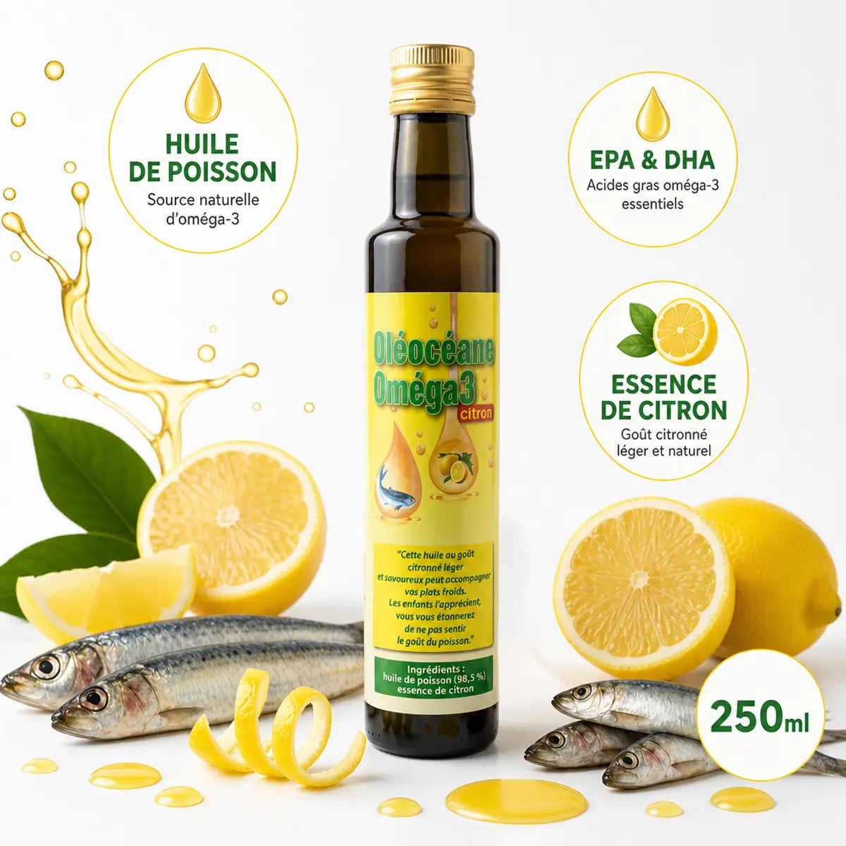 Oléocéane Oméga 3 Citron 250ml avec sardines, anchois et citron frais - Jade Recherche