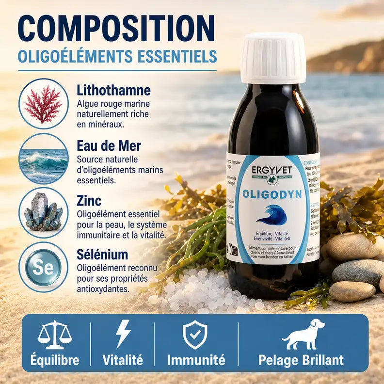 Oligodyn 100ml Ergyvet avec composition oligoéléments essentiels pour équilibre et vitalité chien chat