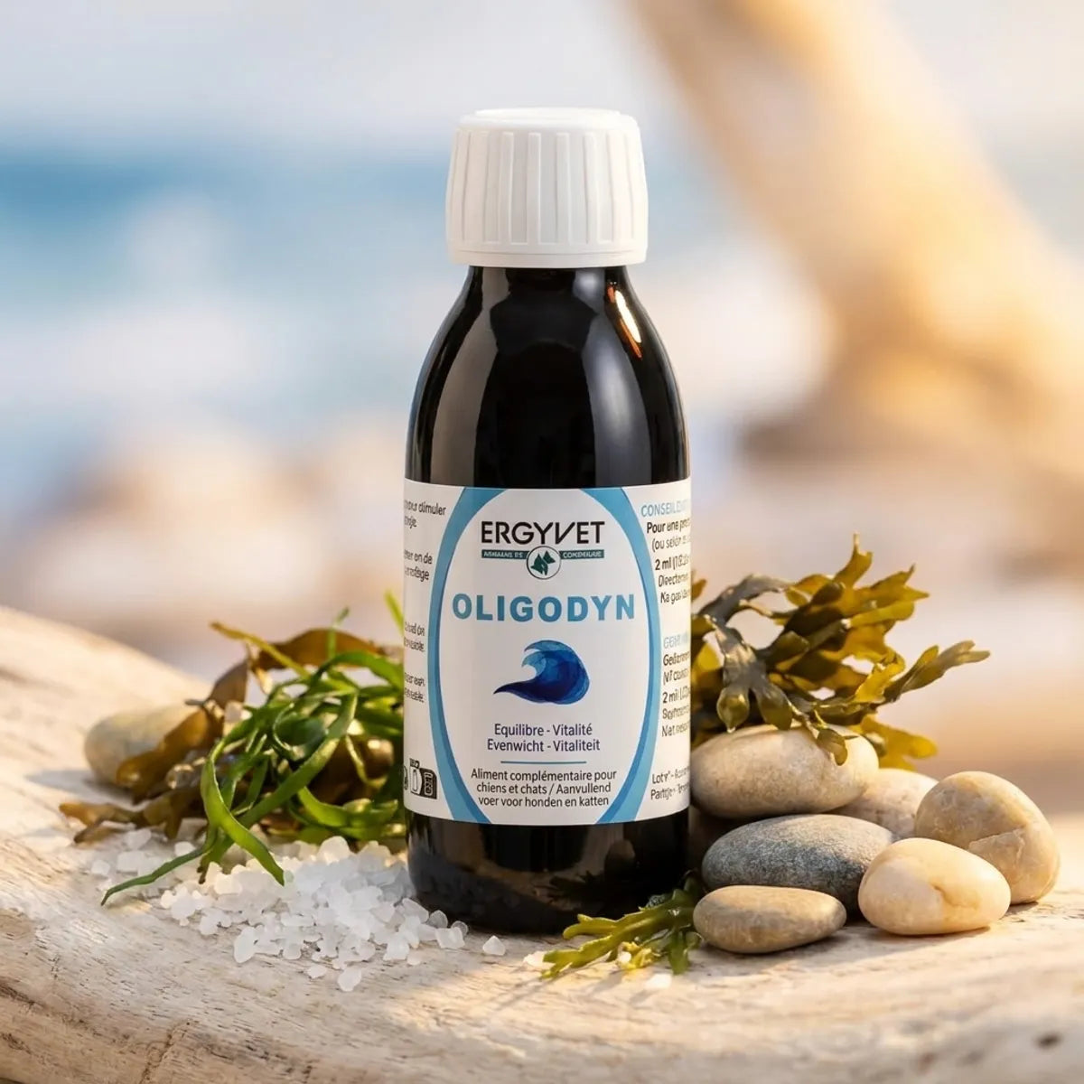 Oligodyn Ergyvet 100ml pour chien et chat sur surface bois avec éléments marins