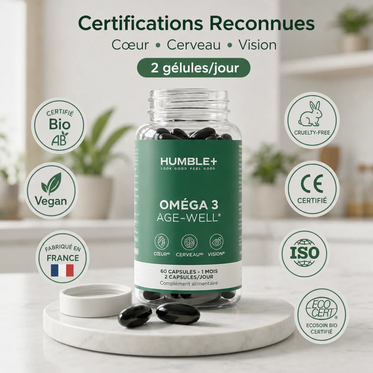 Complément Oméga 3 Age-Well Humble+ 60 capsules avec certifications bio vegan fabriqué France