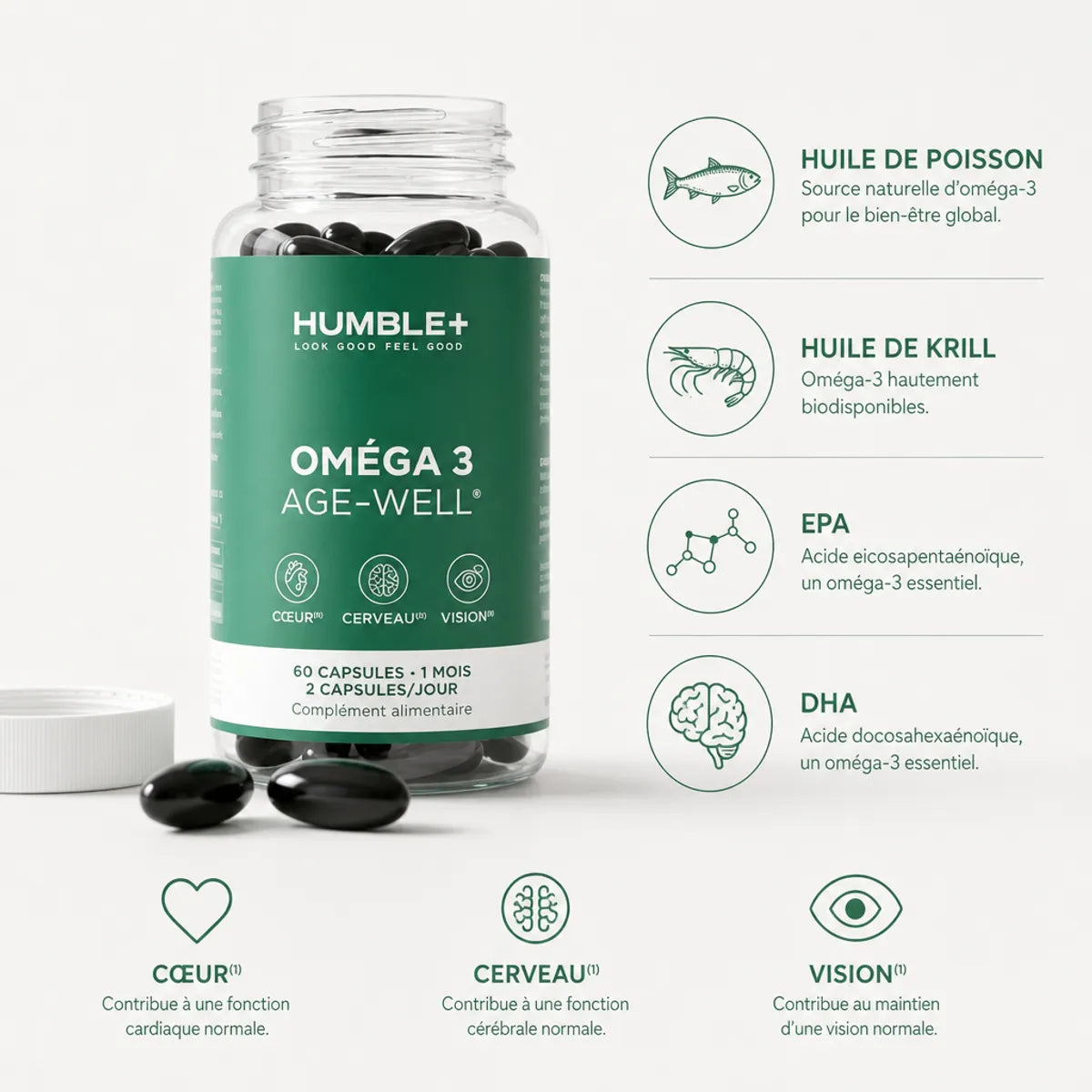 Humble+ Oméga 3 Age-Well 60 capsules avec ingrédients actifs EPA, DHA pour cœur, cerveau et vision