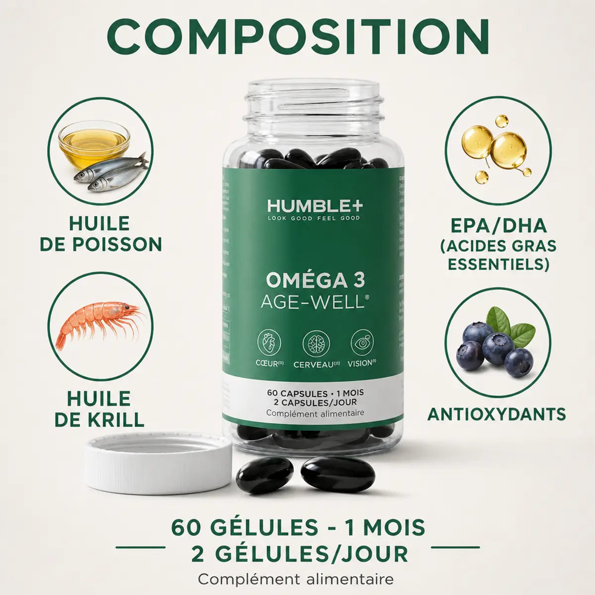 Complément Omega 3 Age-Well Humble+ 60 capsules avec composition huile poisson krill EPA DHA