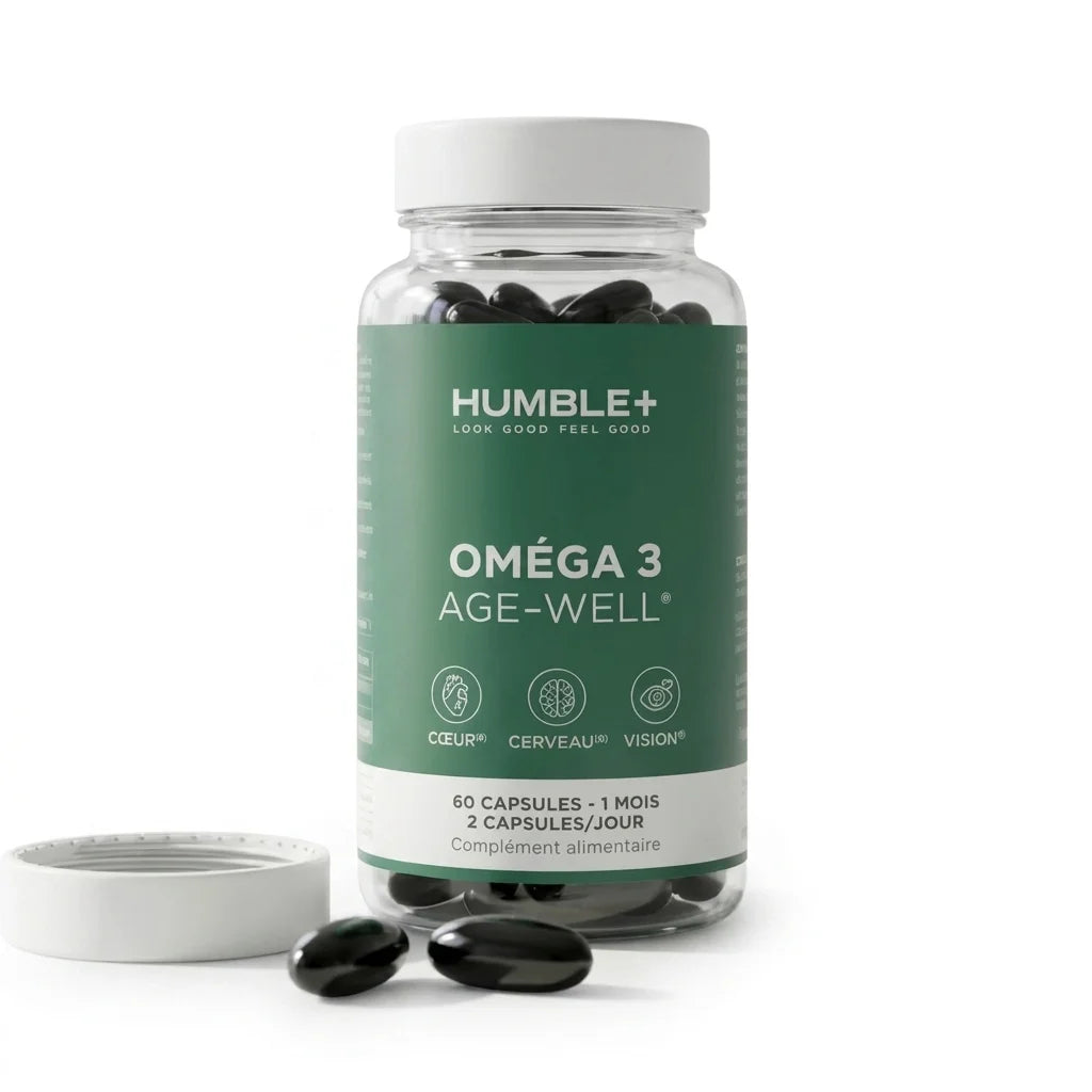 Oméga 3 Age-Well 60 capsules Humble+ flacon verre étiquette verte