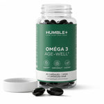 Humble+ Oméga 3 Age-Well 60 capsules bouteille ouverte fond blanc studio