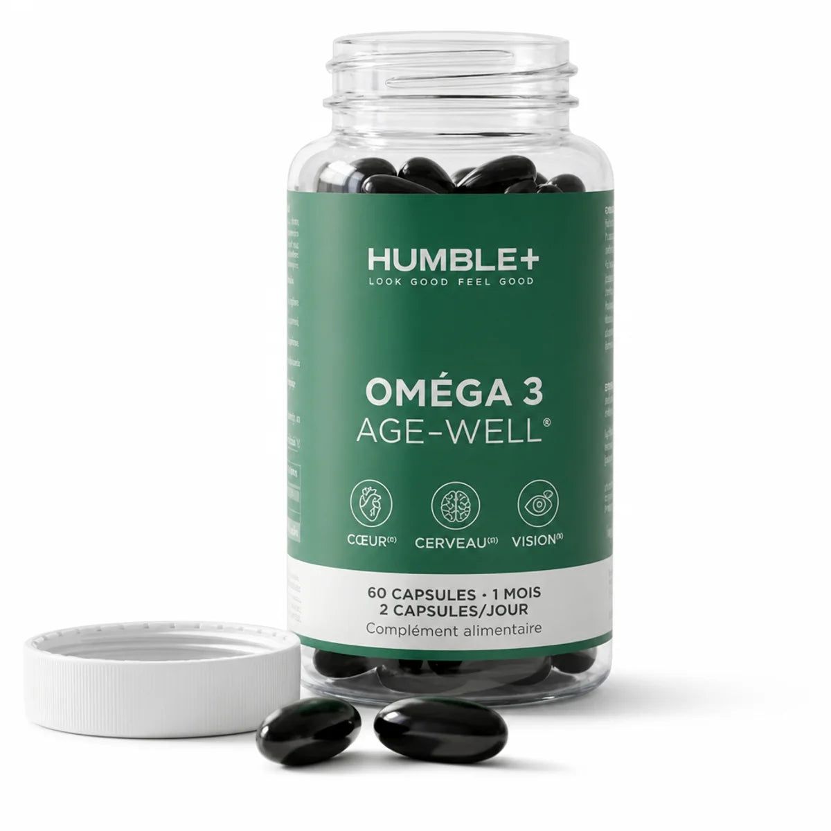 Humble+ Oméga 3 Age-Well 60 capsules bouteille ouverte fond blanc studio