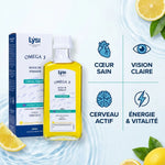 Oméga 3 Capital Forme citron 240ml avec infographie des bénéfices santé: cœur, vision, cerveau, énergie
