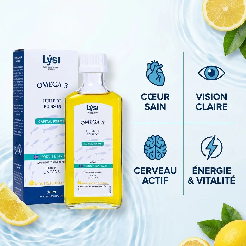 Oméga 3 Capital Forme citron 240ml avec infographie des bénéfices santé: cœur, vision, cerveau, énergie