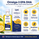 Flacon et boîte Lysi Oméga-3 EPA DHA 240 ml arôme citron, avec icônes cœur, vision, cerveau et récupération sur fond blanc et bleu ciel