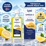 Flacon et boîte Oméga 3 Capital Forme Lysi 240 ml arôme citron, sur fond glacé, avec badges Produit islandais et poissons sauvages