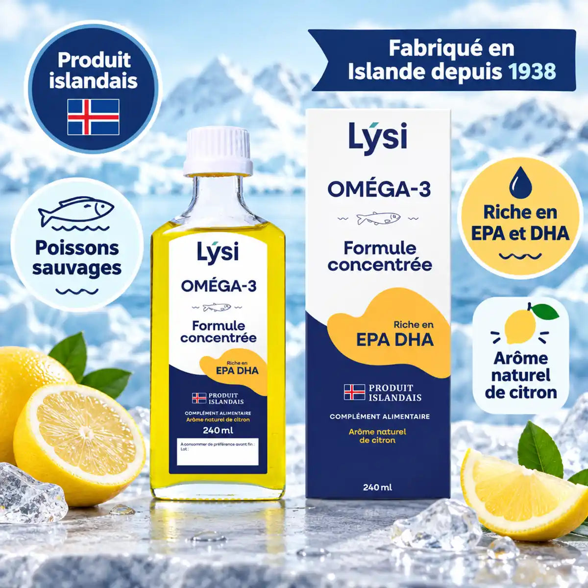 Flacon et boîte Oméga 3 Capital Forme Lysi 240 ml arôme citron, sur fond glacé, avec badges Produit islandais et poissons sauvages