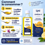 Flacon Lysi Oméga-3 Capital Forme citron 240 ml et guide de dosage : 1 cuillère à soupe par jour pour adulte