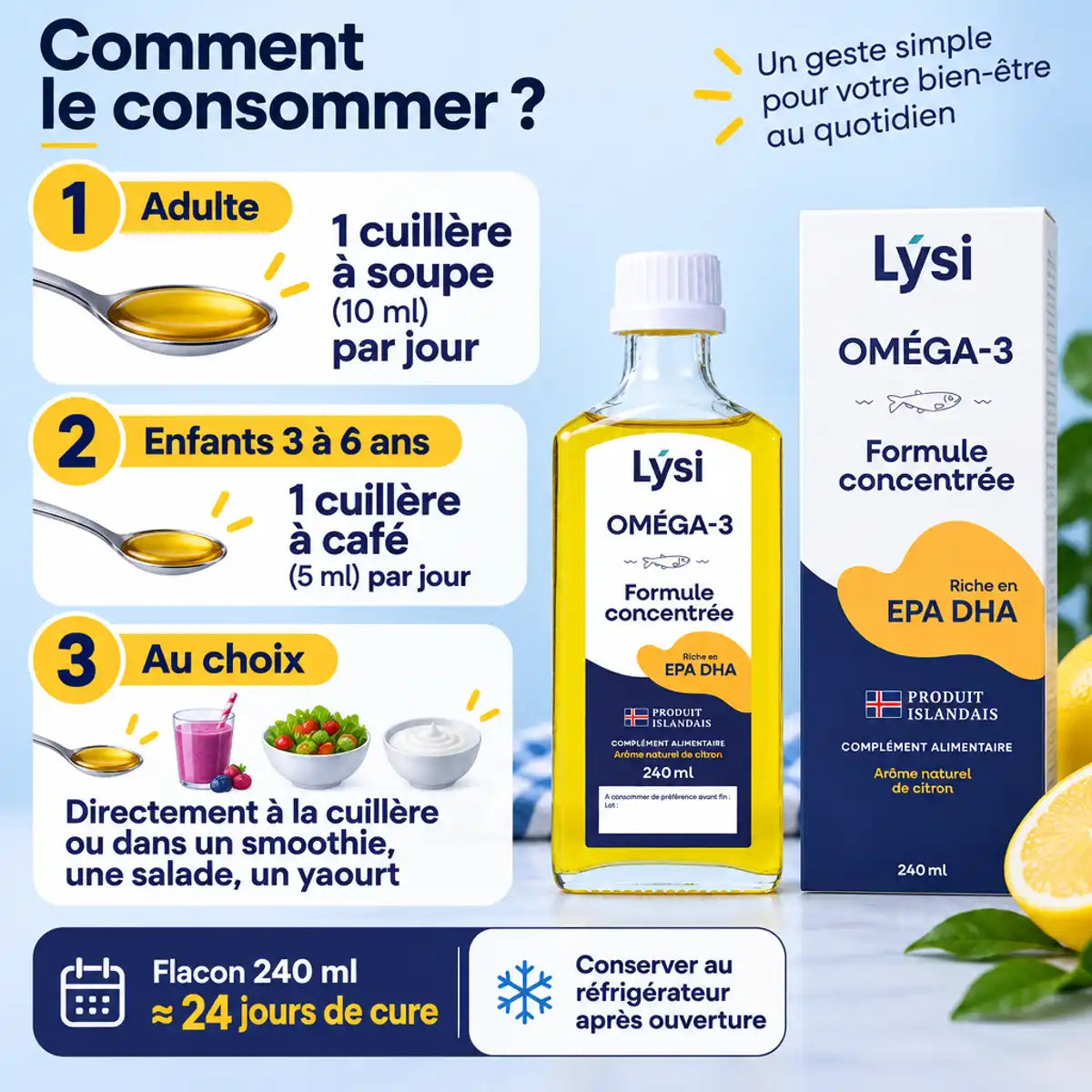 Flacon Lysi Oméga-3 Capital Forme citron 240 ml et guide de dosage : 1 cuillère à soupe par jour pour adulte