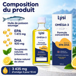 Flacon Lysi Oméga-3 Capital Forme 240 ml arôme citron, avec infographie sur la composition : EPA, DHA et vitamine E