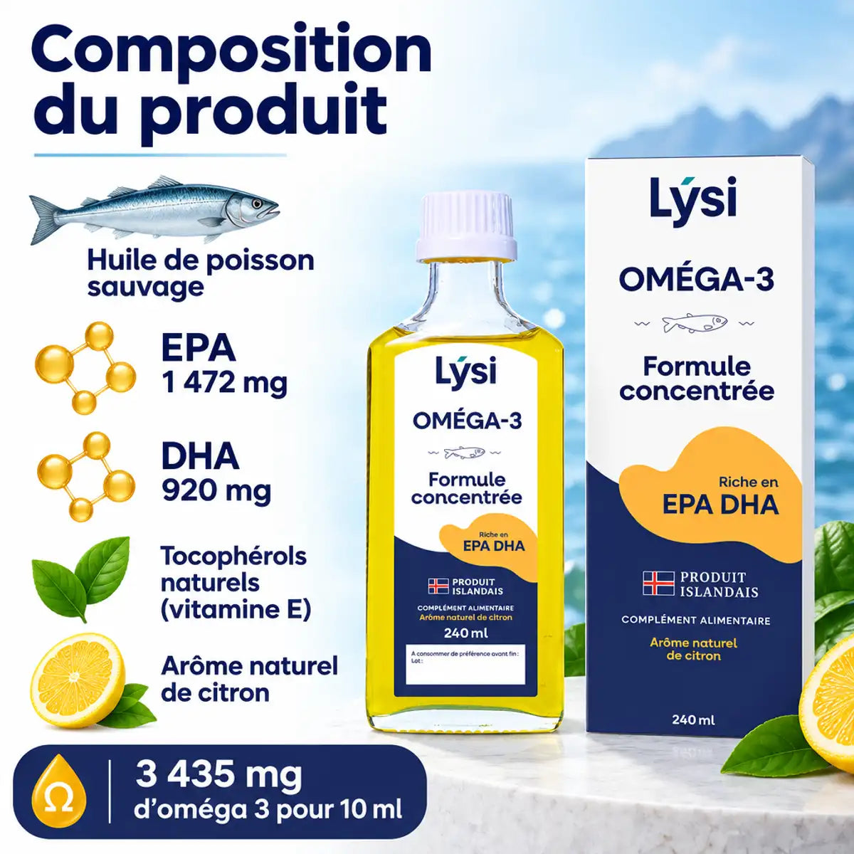 Flacon Lysi Oméga-3 Capital Forme 240 ml arôme citron, avec infographie sur la composition : EPA, DHA et vitamine E