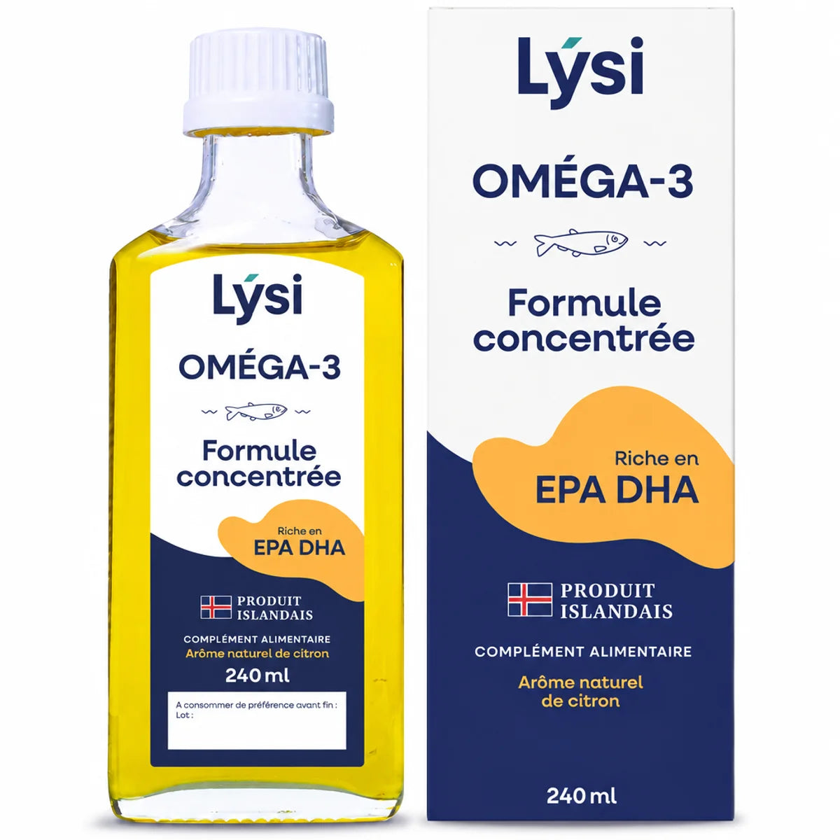Flacon de Lysi Oméga-3 Formule concentrée 240 ml arôme citron, à côté de sa boîte bleu marine, sur fond blanc