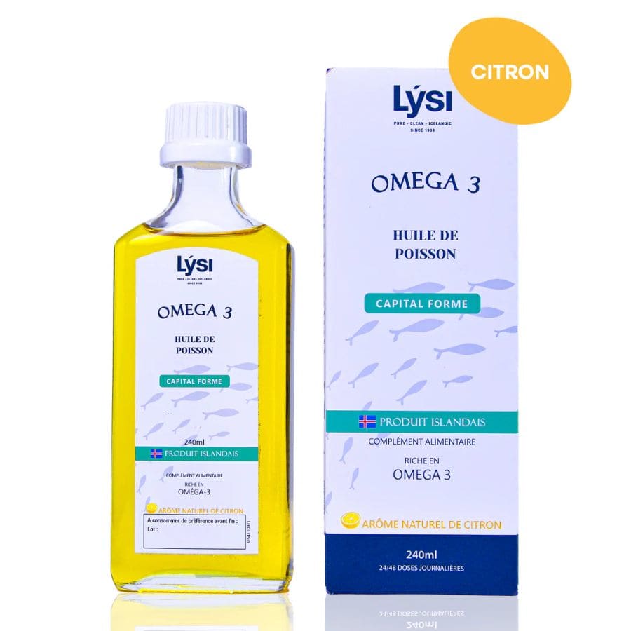 Une bouteille de Oméga 3 Capital Forme (240 ml) arôme Citron Lysi avec son emballage