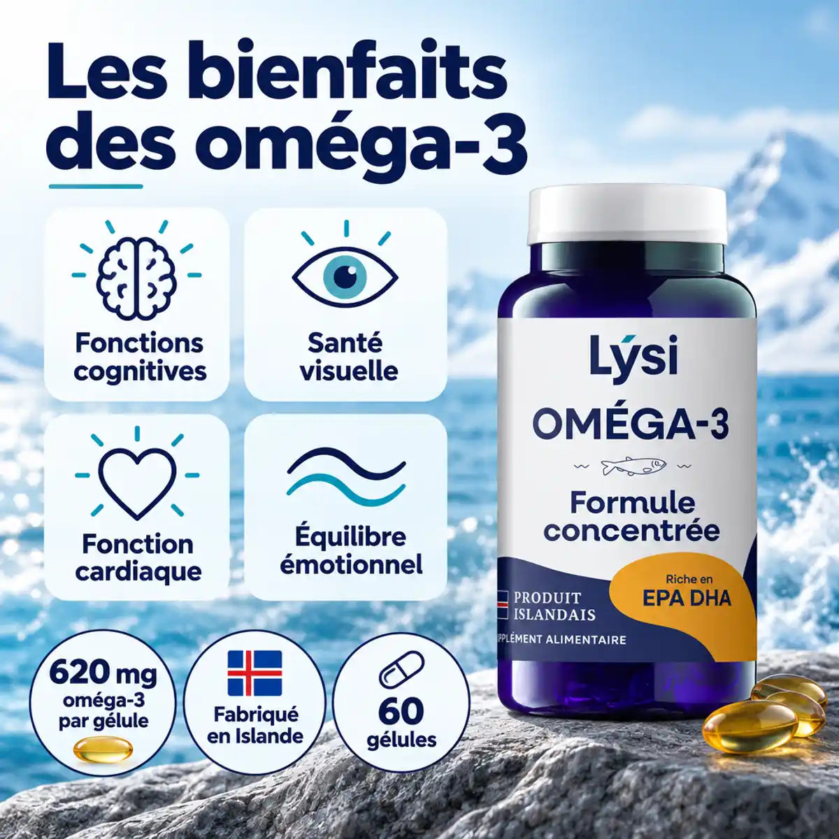 Lysi Oméga-3 60 gélules : flacon bleu, 620 mg d'oméga-3, bienfaits cognitifs, visuels, cardiaques et émotionnels