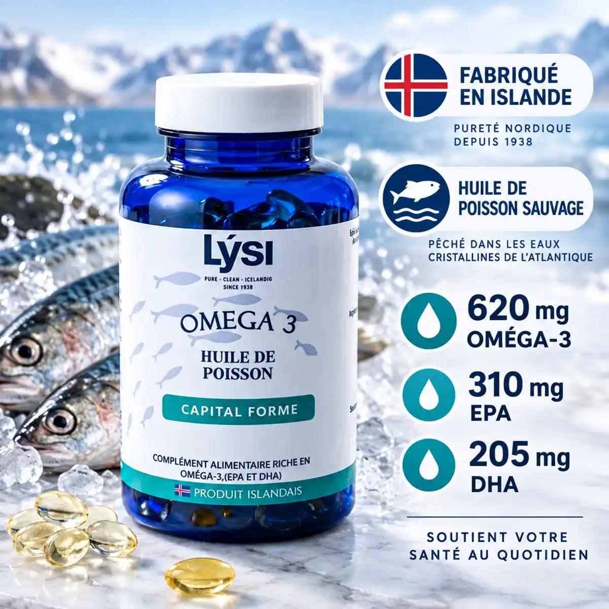 Lysi Omega 3 Capital Forme 60 gélules, bouteille bleue avec capsules de poisson sauvage islandais