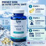Flacon Omega 3 Capital Forme Lysi avec instructions dosage : 1 gélule entretien, 2 gélules intensité, cure 3 mois
