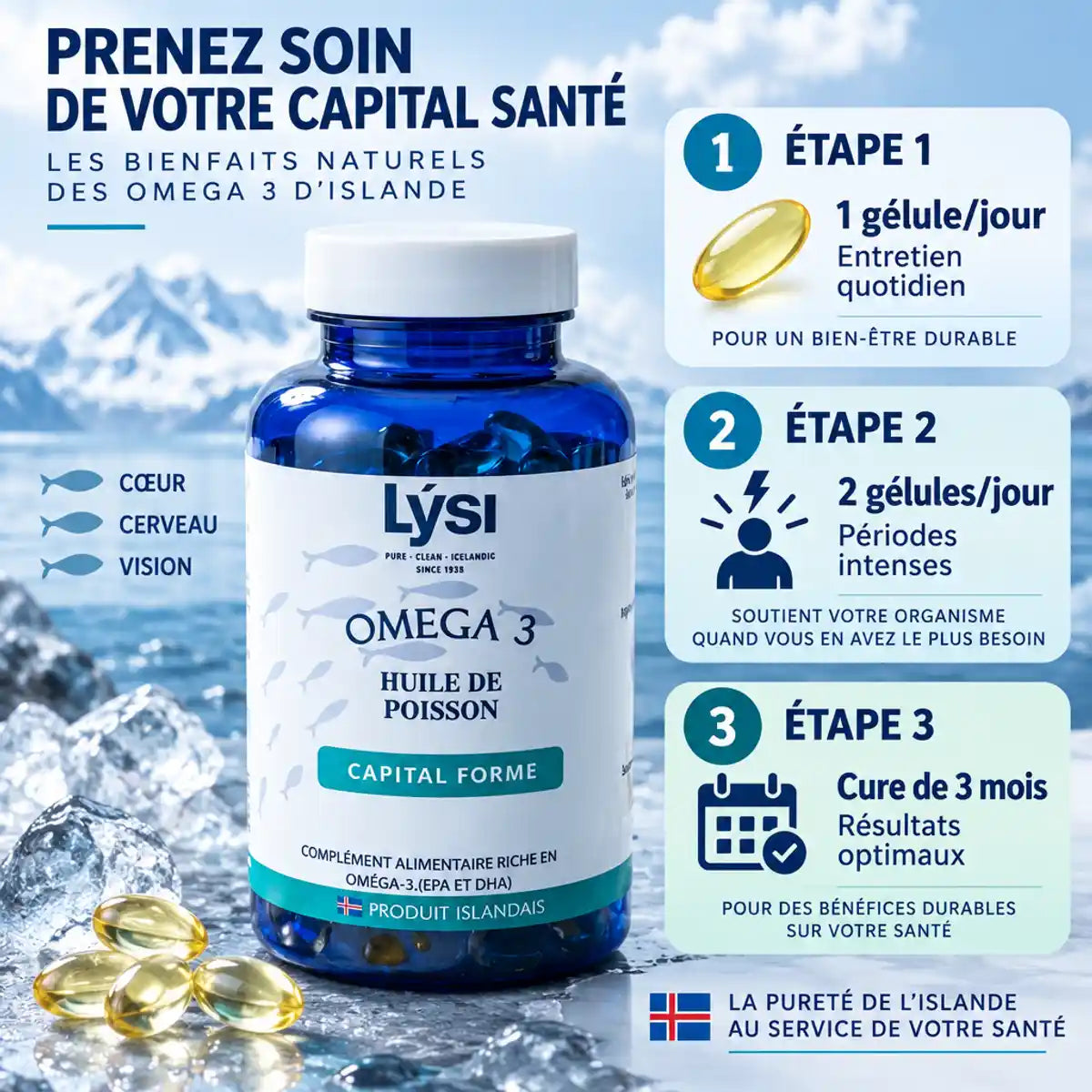 Flacon Omega 3 Capital Forme Lysi avec instructions dosage : 1 gélule entretien, 2 gélules intensité, cure 3 mois