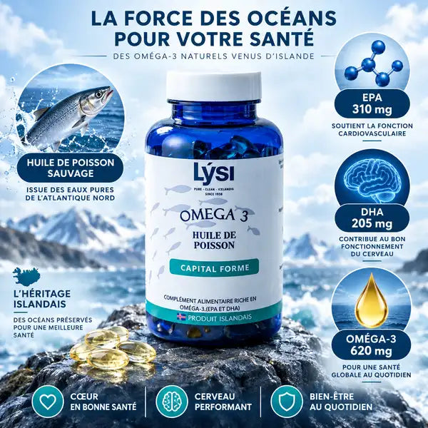 Lysi Omega 3 Capital Forme - Flacon 60 gélules avec composition : EPA 310mg, DHA 205mg, Oméga-3 620mg