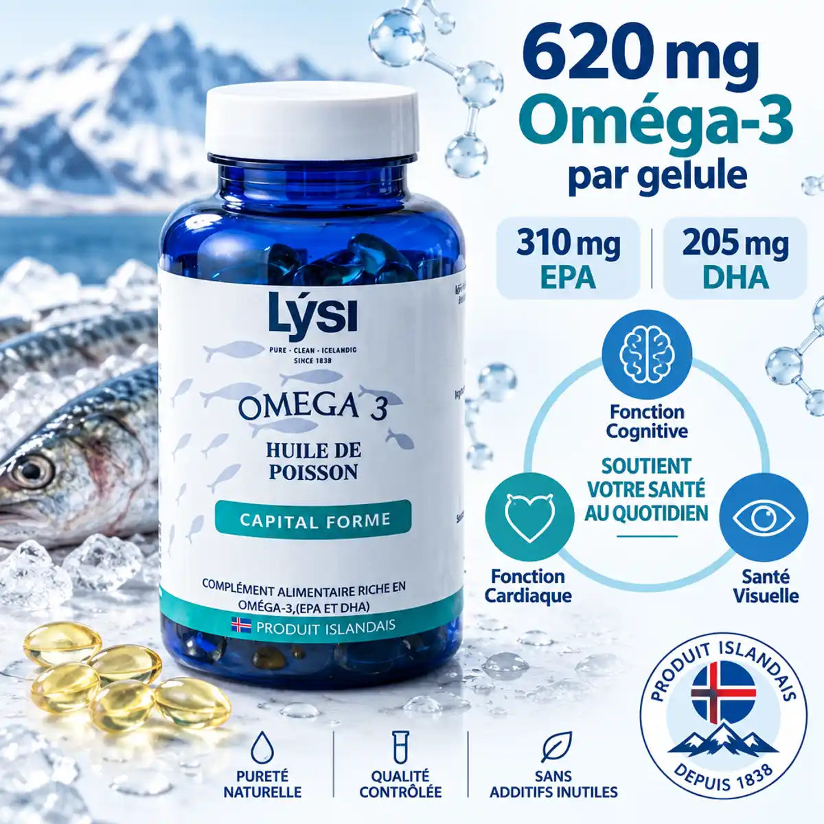 Lysi Omega 3 Capital Forme 60 gélules avec infographie nutritionnelle et poisson frais