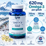 Lysi Omega 3 Capital Forme 60 gélules avec infographie nutritionnelle et poisson frais