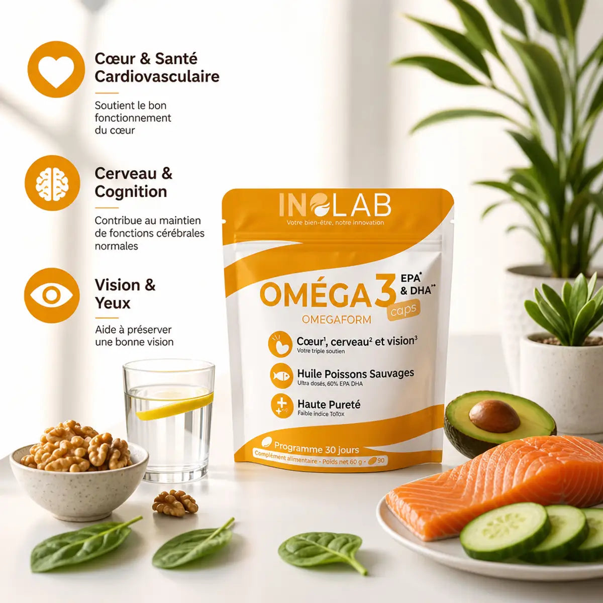 Omega 3 Caps EPA DHA Inolab avec saumon, avocat, noix - Cœur, Cerveau, Vision