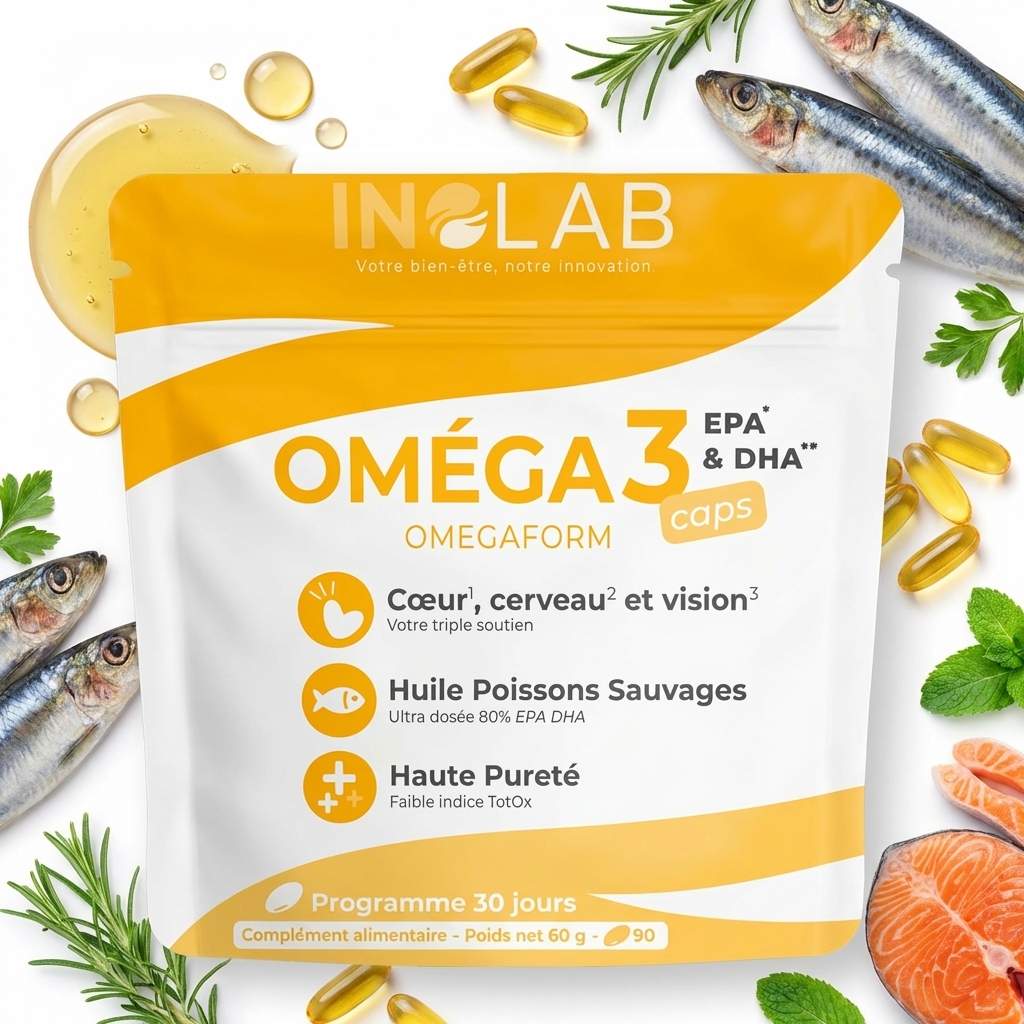 Omega 3 Caps EPA & DHA Inolab avec capsules dorées, ingrédients naturels et poisson sur fond blanc